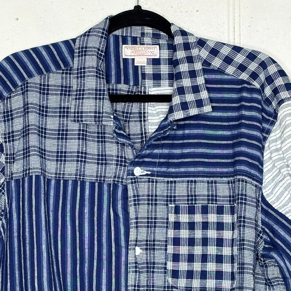 Wallace & Barnes Shacket XL Indigo Blue Patchwork Cotton Linen Camp Collar BF787
